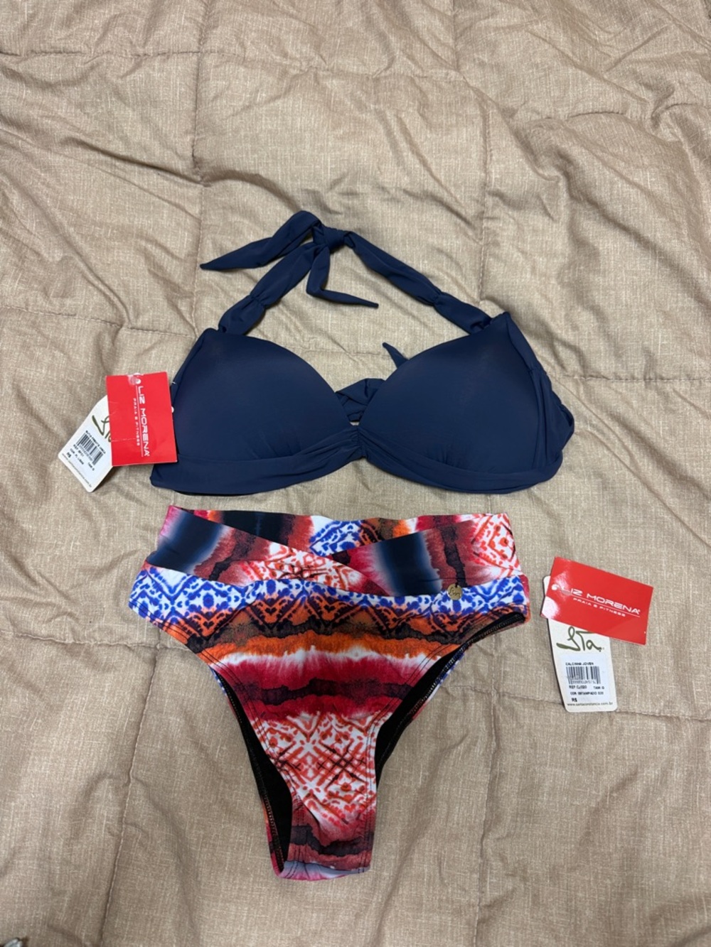 Brazilian Bikini Halter Tie Top Multicolor Patterned High-Waist bikini NWT Large
